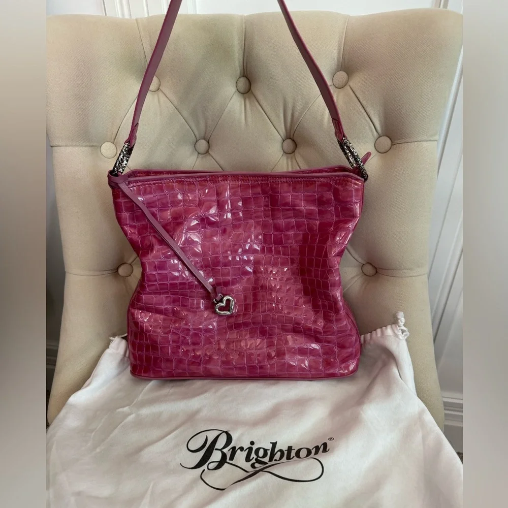 Brighton Cher Croc Embossed Squares Shoulder Bag Pink Patent Leather
